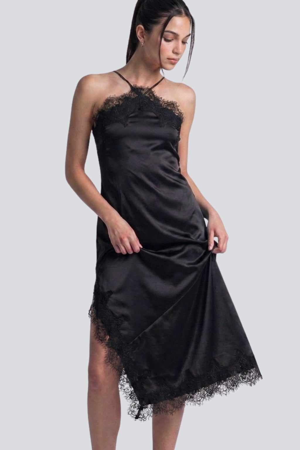 Vestido midi halter satinado con encaje — 40002DN