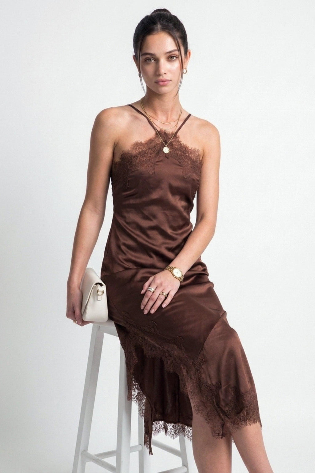 Vestido midi halter satinado con encaje — 40002DN