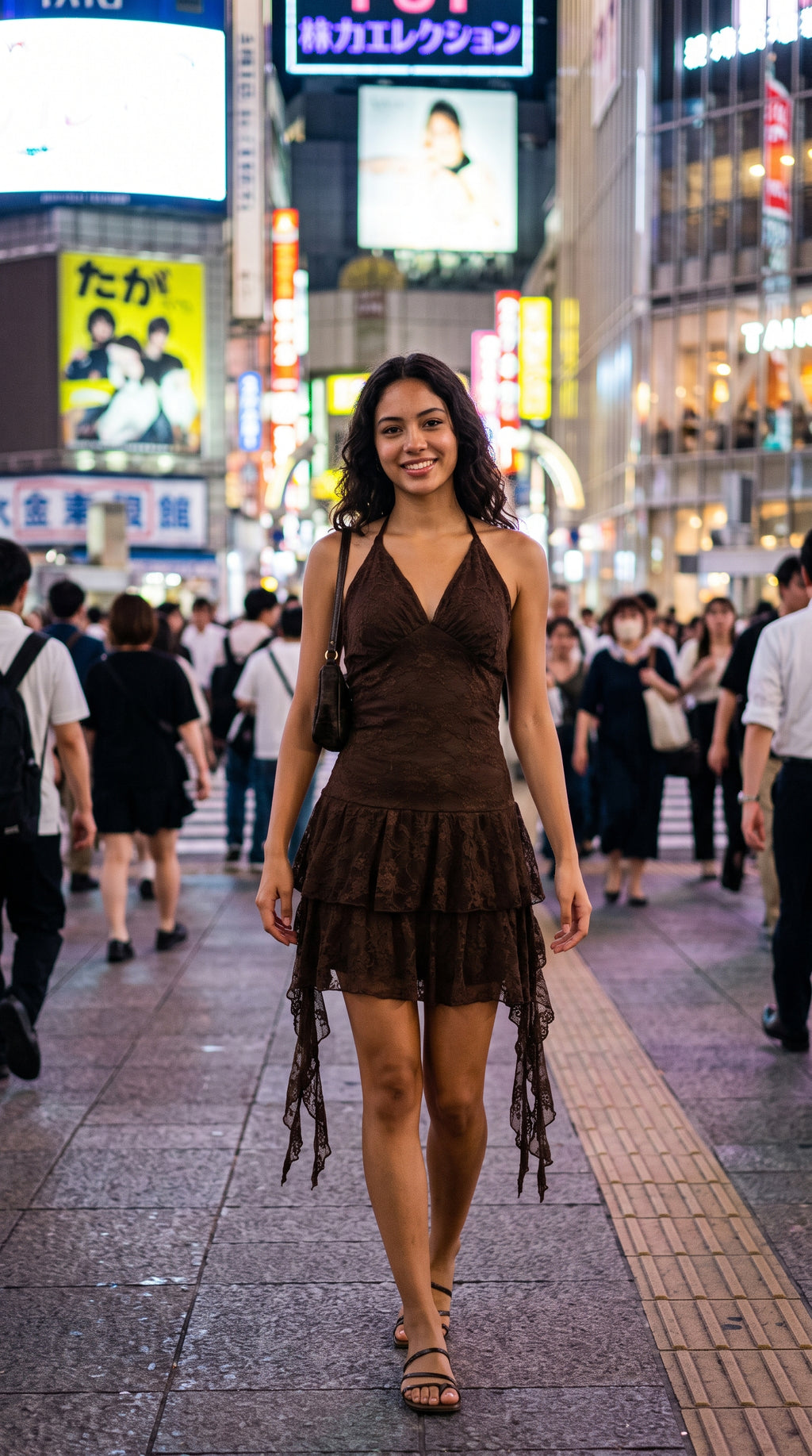 Vestido corto halter de encaje con holanes