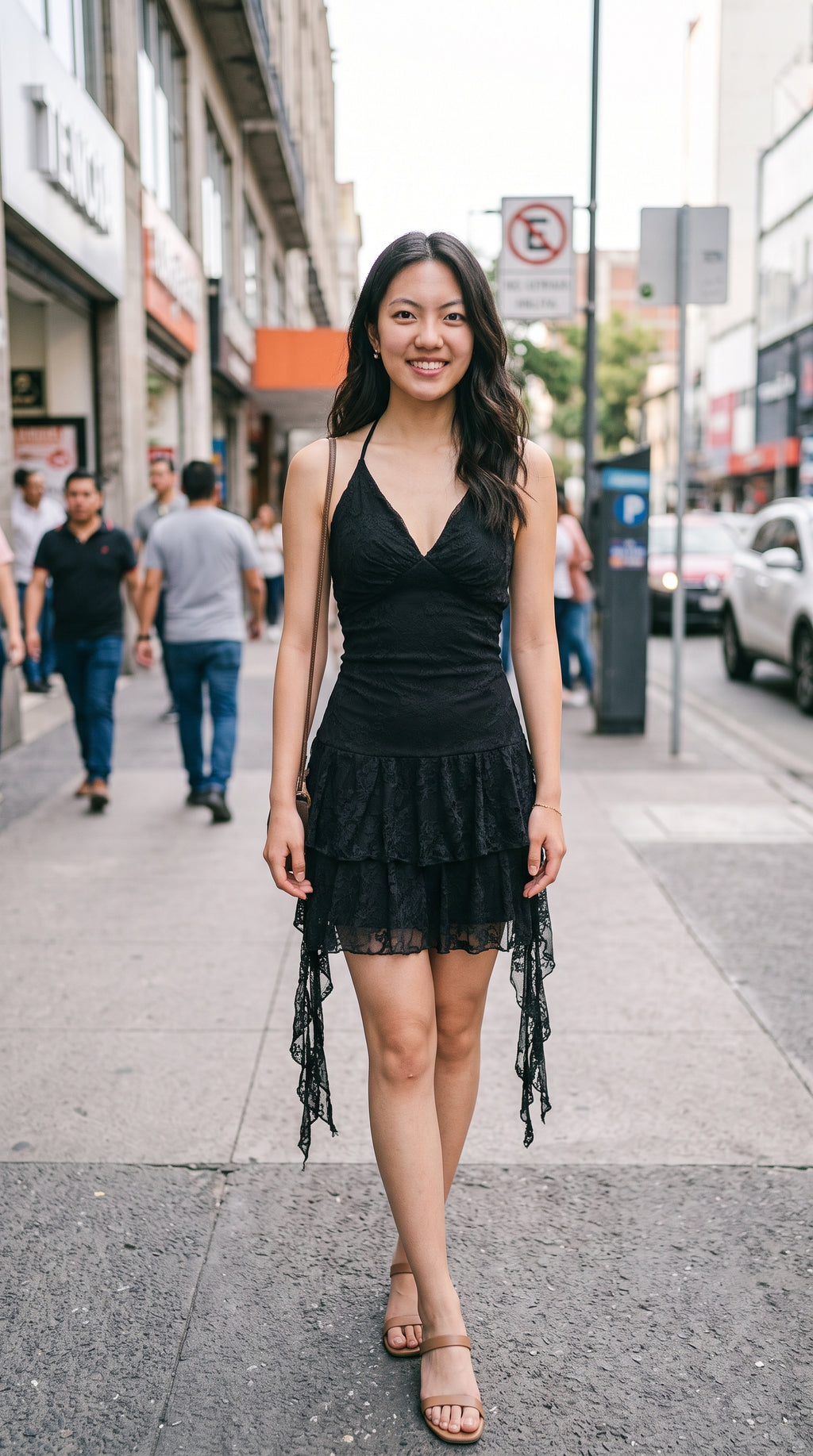 Vestido corto halter de encaje con holanes