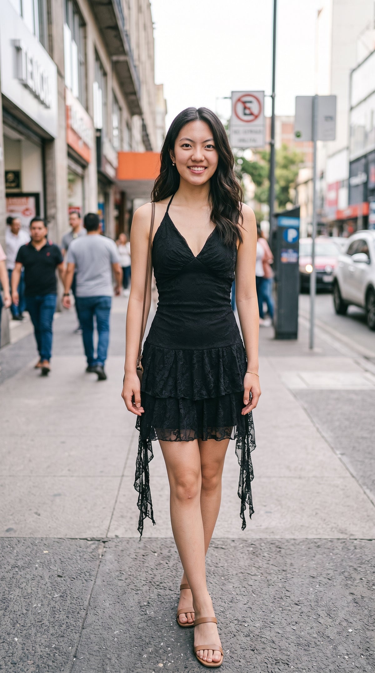 Vestido corto halter de encaje con holanes