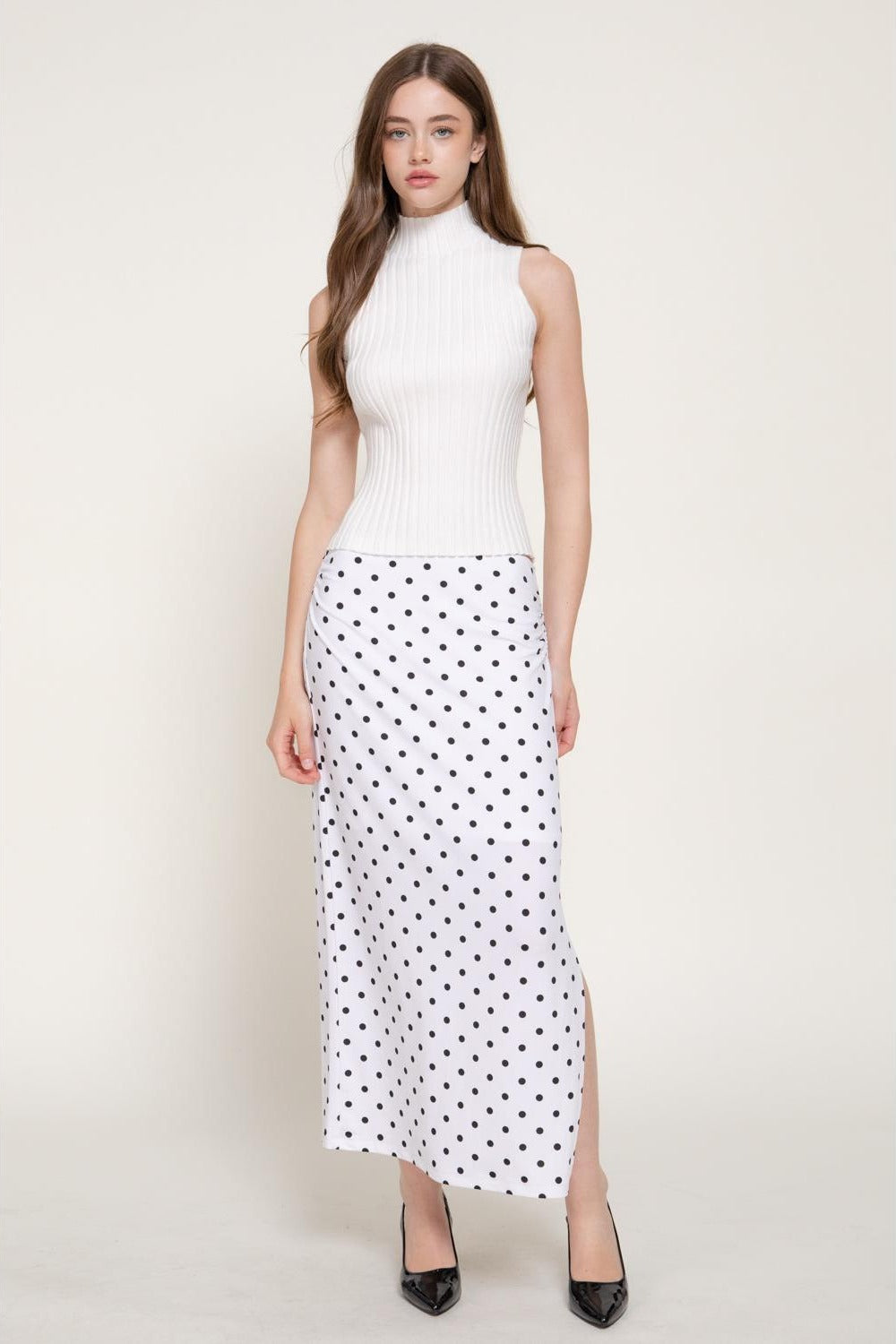Falda midi de lunares con cintura de encaje — S15614