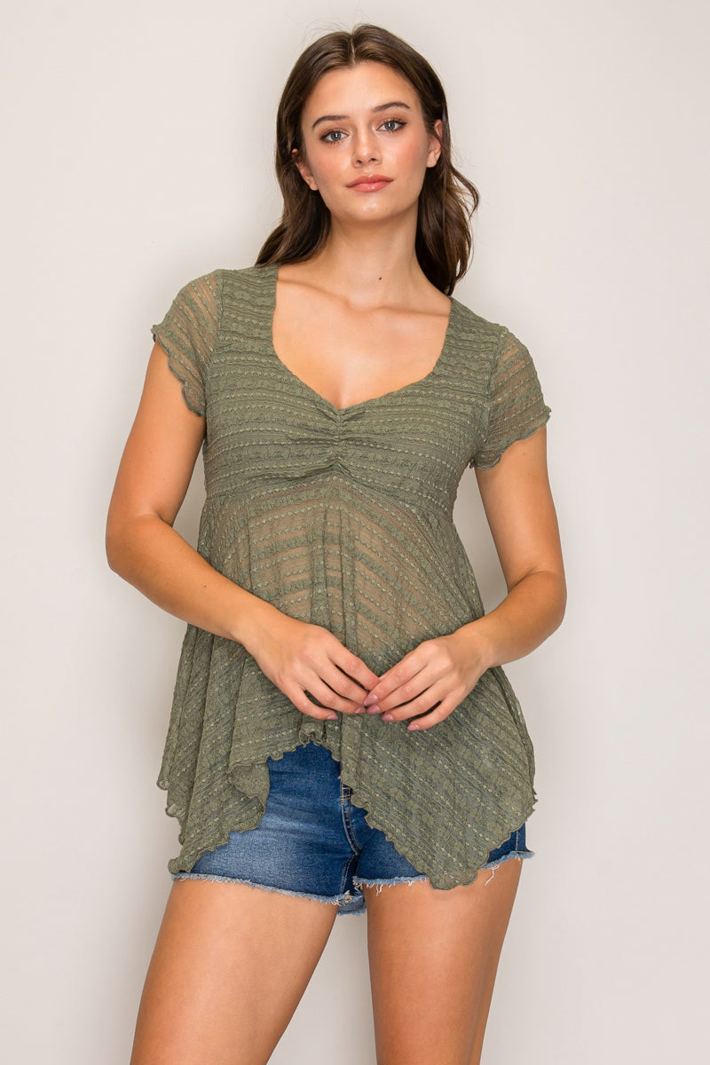 Top babydoll manga corta 23" con dobladillo angular — TY70348